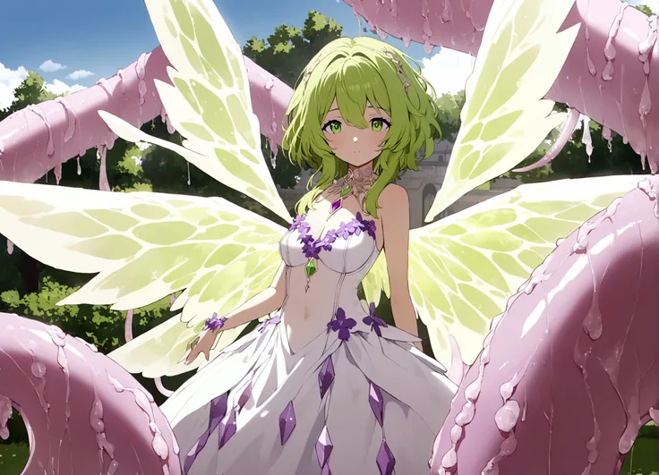 A eldritch angel (central body of a violet lion, 6 pairs of radiant crystal wings, numerous white tentacle eyestalks with neon green eyes) has appeared in a holy corona and approaching the viewer set in a park in daytime
