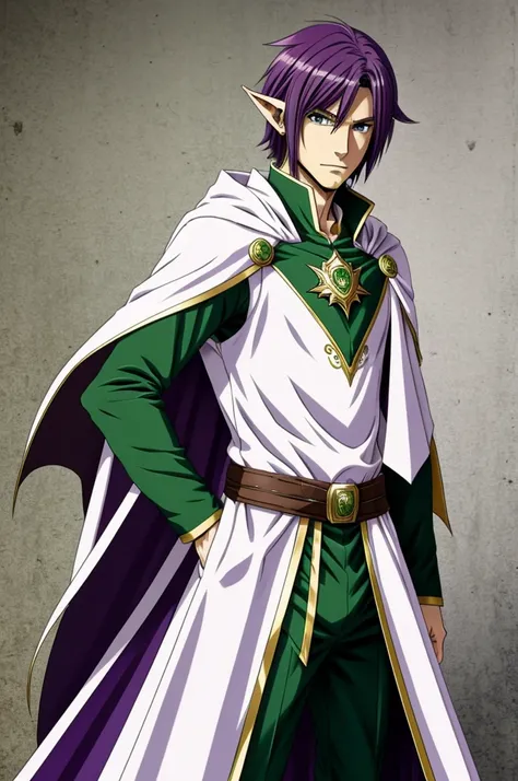 An anime style image of a tall male elf with short violet hair and white green eyes and a cape and anime style 