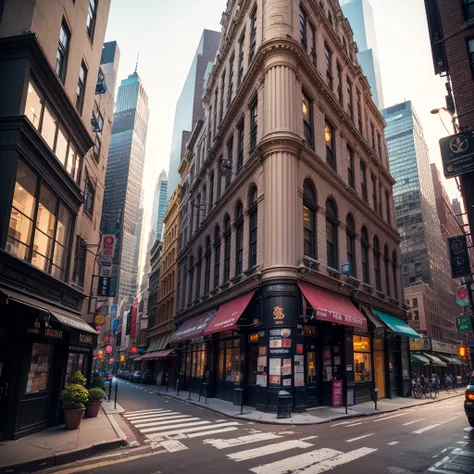 A busting street corner in New York, Atmosphere, Spectacular details, Vibrant colors, Dramatic lighing, Epic scene colors 