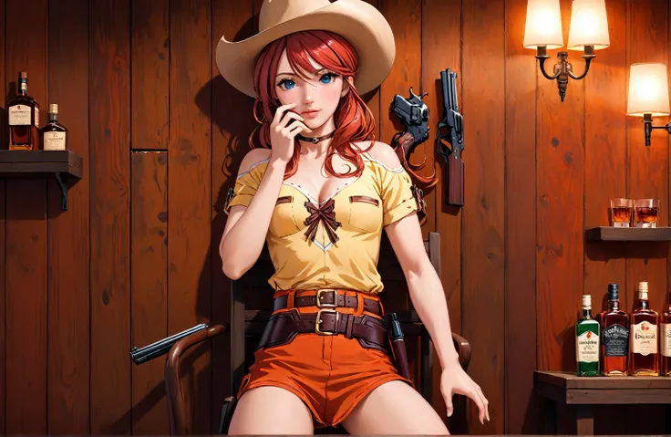 (((1 person:2.0))),((Gemini.Sunrise:1.5)))(((Wearing a gun belt with a holster:1.8))),,((Wear a wrist watch:1.5))),(((Showing cleavage))),(((Exposed thin inner thighs))),(((Small breasts:1.5))),(((Bare arms))),(((Wearing boots:1.5))),((Blushed face:1.8)), ...