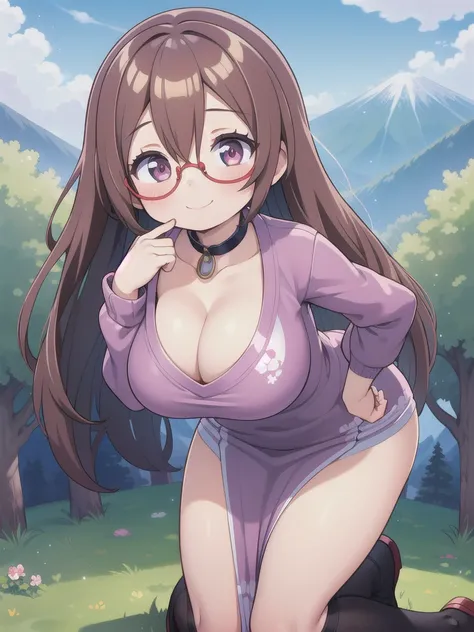 master-piece, bestquality, 1girls,16 years old, View viewers from front, HD, slight smile, big tits, cleavage, tights cloth, , tiny body, leaning forward, outdoor, mountain, wear glasses, under tits cleavage, look down, sweater, hands on kneels, stand up