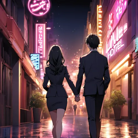 Back view of a couple in suits walking hand in hand through a love hotel district at night、The woman is wearing a skirt suit and has long, black hair.