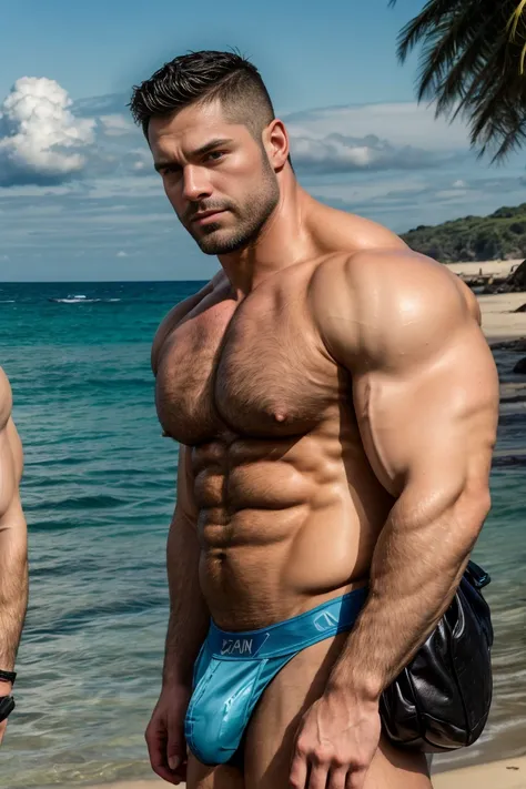 Ultra wide angle，(Medium shot of two handsome guys)，twin，Male love，plump breasts，swelling of chest muscles，Full chest muscles，swelling of chest muscles，Sweat，Skin is moisturized and shiny，(face slimming)，small head，short hair，beard，Sexy and charming expres...