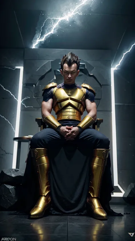 arafed image of a man sitting on a throne with lightning in the background, prince vegeta, vegeta, with vegeta head hair, saiyan armor, sitting on a stone throne, fan art, super saiyan joe biden, sitting on the porcelain throne, sitting on obsidian throne,...