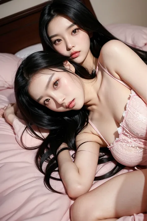 Araffe Asian woman with long black hair lying on the bed, jennie pink black, ulzzang, beautiful south korean woman, Beautiful young Korean woman, young and adorable korean face, korean girl, Beautiful young Korean woman, pale korean adorable face, Young cu...