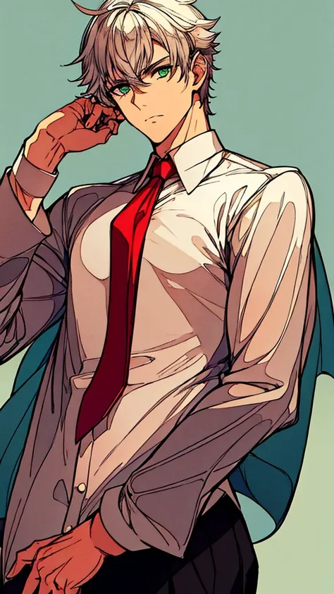 Boy 
Green eyes
White hair
handsome.very handsome 
carefree.
age - 19
White shirt and a red tie , sleeves folded up
Back trousers 
Still a bit skinny