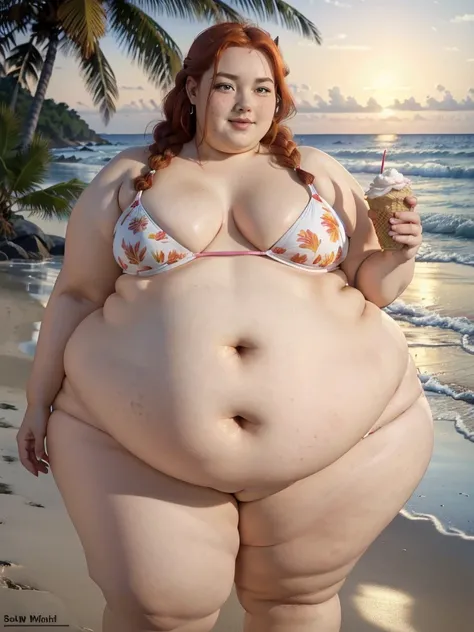 A beautiful tropical oasis beach photo of a young happy cute beautiful redhead pear-bodyshaped ssbbw with long single-braided hair soft fat belly, very wide fat obese hips, very obese legs, thick fat wide legs and fat arms, cute pretty face, small breasts,...