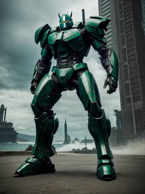 3D pacific rim jaeger, green and black color,  knight inspired armor