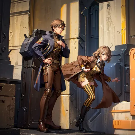 Teenager in brown hero suit with gold stripes and brown boots 