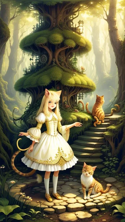 girl, Forest Castle Background, Ivory Gold AI Psychedelic Magic, Cat, Fairy, Clean, bright, Smile