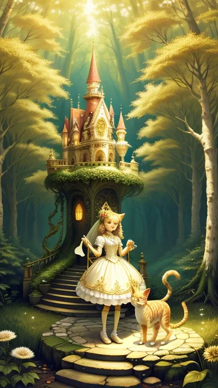 girl, Forest Castle Background, Ivory Gold AI Psychedelic Magic, Cat, Fairy, Clean, bright, Smile