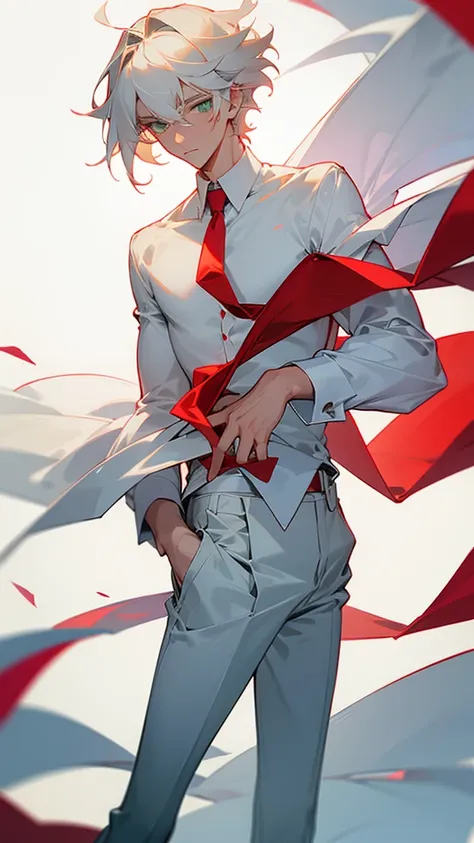 Boy 
Green eyes
White medium hair
handsome.very handsome 
carefree.
age - 19
White shirt and a red tie , sleeves folded up
Back trousers 
Still a bit skinny