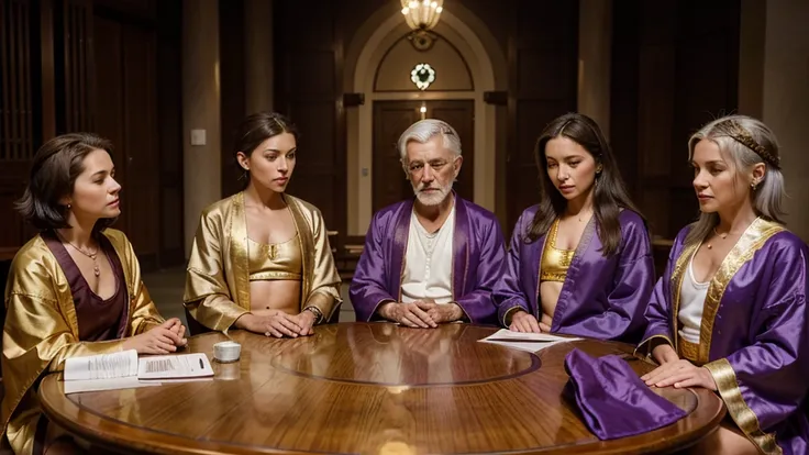 a council meeting of advisors sitting at a round table, there are three people: 1. they are an old male philosopher with white hair wearing brown monks robes, 2. an old male spiritual guide with white hair wearing a purple robe with gold accent, 3. a femal...