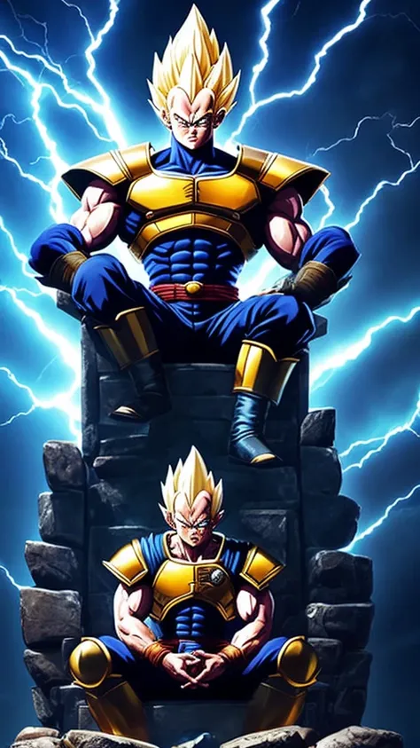 arafed image of a man sitting on a throne with lightning in the background, prince vegeta, vegeta, with vegeta head hair, saiyan armor, sitting on a stone throne, fan art, super saiyan joe biden, sitting on the porcelain throne, sitting on obsidian throne,...