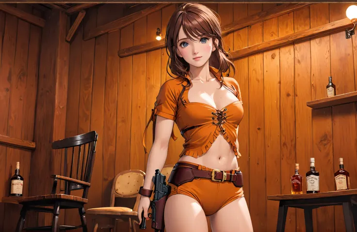 (((1 person:2.0))),(((NSFW:1.5))),(((wearing a bikini:1.5))),(((Brown swimsuit:1.5)))(((Wearing a gun belt with a holster:1.8))),,((Wear a wrist watch:1.5))),(((Showing cleavage))),(((Exposed thin inner thighs))),(((Small breasts:1.5))),(((Bare arms))),(((...