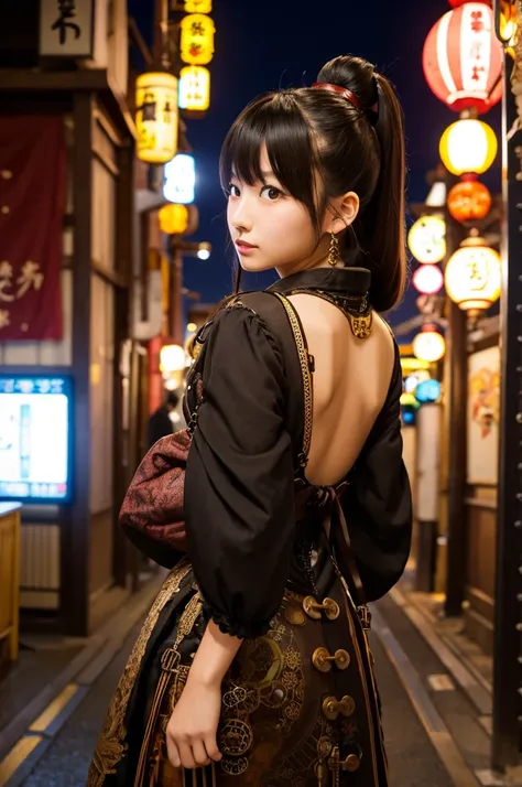 Asakusa steampunk young Japanese woman back view at night