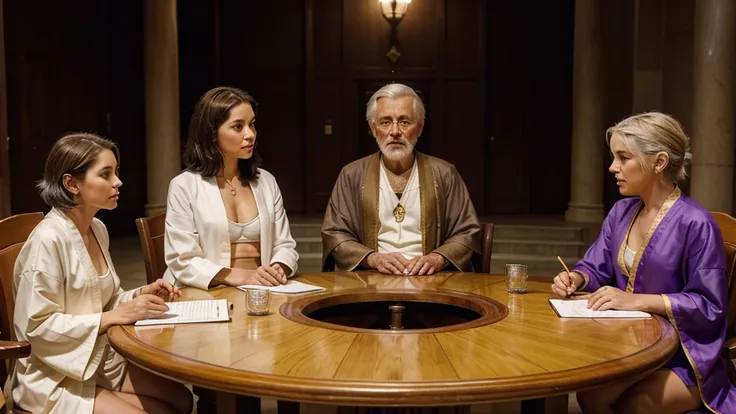 a council meeting of advisors sitting at a round table, there are ONLY three people, three people: 1. they are an old male philosopher with white hair wearing brown monks robes, 2. an old male spiritual guide with white hair wearing a purple robe with gold...