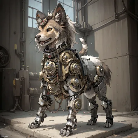 the building has a metal dog statue on its base., armored catの仲間, husky in shiny armor, armored cat, steampunk dog, cyborg dog, ...