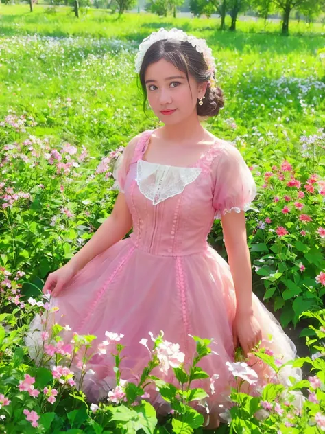 1girl, solo, with beautiful eyes, exquisite hair accessories, beautiful cheeks, wearing a pink lolita dress, the background is g...