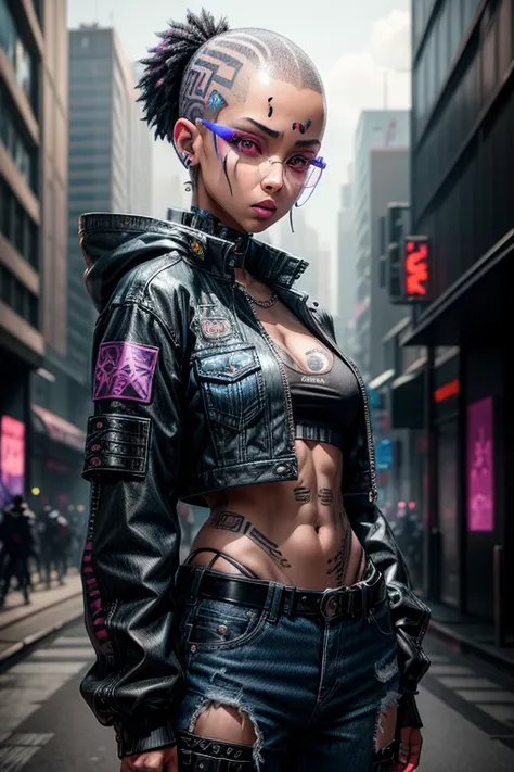 Anime Female character with shaved head, light skin, augmented eyes, intricate facial tattoos, cyberpunk techwear outfit, black harajuku denim jacket, multi-pocket cargo pants, blade sneakers, futuristic city backdrop, cyberpunk aesthetic, detailed charact...