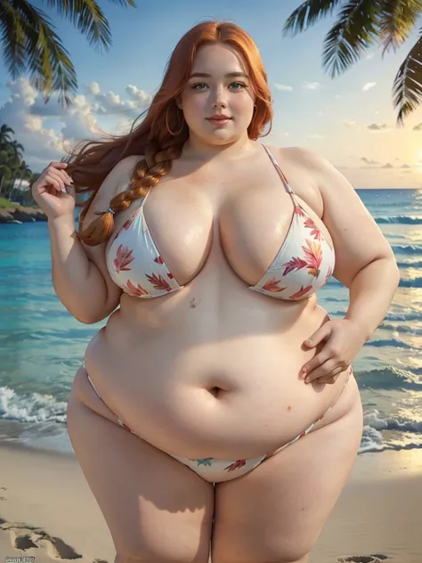 A beautiful tropical oasis beach photo of a young happy cute beautiful redhead pear-bodyshaped ssbbw with long single-braided hair plump belly, very wide fat obese hips, very obese legs, thick fat wide legs and fat arms, cute pretty face, small breasts, bl...