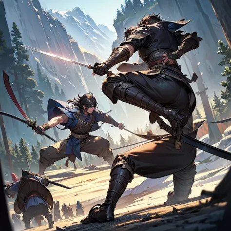 masterpiece, Very detailed, Ultra-realistic, Detailed Background, Bright lighting, lighting,, (A swordsman fighting bandits in a square surrounded by forest), (Mountain hut), (Wide-angle),