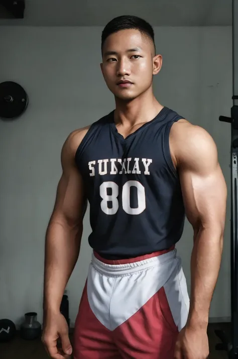 masterpiece, best quality, high resolution, realistic, handsome, photogenic, syahnk, SFW, a photo of a 35 year old gym frat (man:1.2) portrait, standing in a gym , military press, weights, stunning , short buzzcut hair,stubble head , (hypermuscle),looking ...