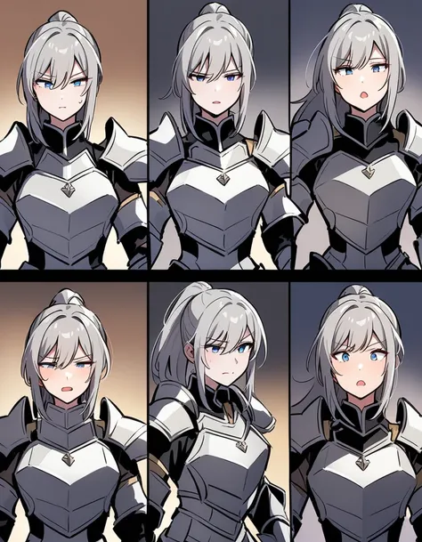 Beautiful girl knight in armor, Gray Hair, tsurime, fantastic, Face your body forward like a certificate photo, shoot from front, Ponytail, Armor Girl, beautiful female knight, Female Paladin, pale blue eyes, narrowed eyes squint, Talking mouth