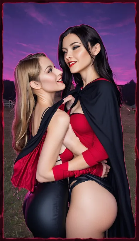 vampire teeth , ((((nighttime))) , 2girls,looking at each other in the eye, long hair , RAW photo, high quality, film grain,simple background, presenting, beautiful, (black and red lined satin cloak tied at the neck:1.20) , biting necks , breasts,big ass, ...