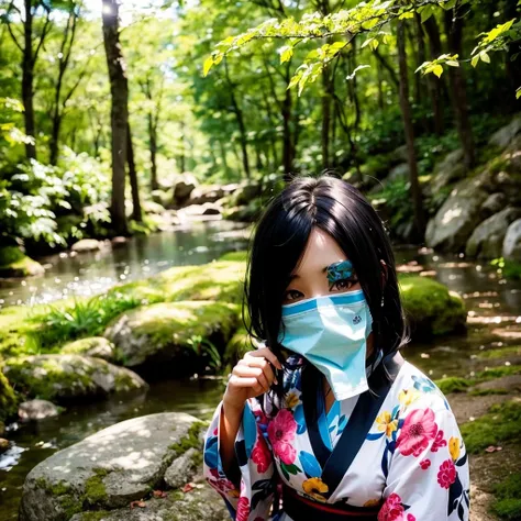 nature、in the forest、Girl、Black Hair、kimono、yukata、採Light、Light、Daytime、rock