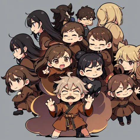 (Chibi Character)、(Full body character concept、Various poses、10 people)、Highest quality, Best Quality,Best illustrationiddle ages、(((Simple brown robe、Black shoes)))、(40-year-old uncle、mature、Kaiser moustache、Hair length to shoulders)、(Open your mouth、smil...