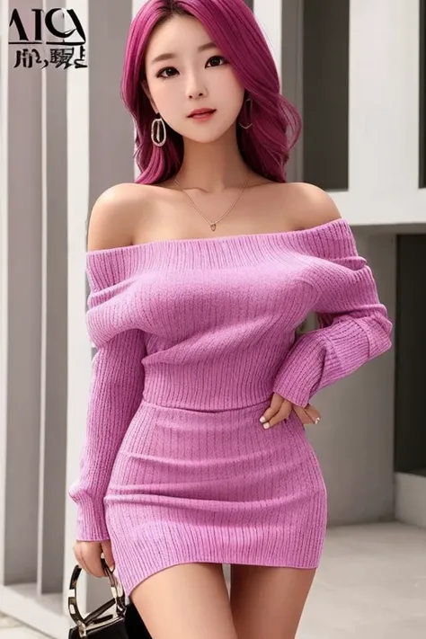 A pinkhair girls、Off-the-shoulder knit dress、Big Breasts、Emphasize cleavage、Clothes clinging to the body、Enhance the nipples、Bust Shot