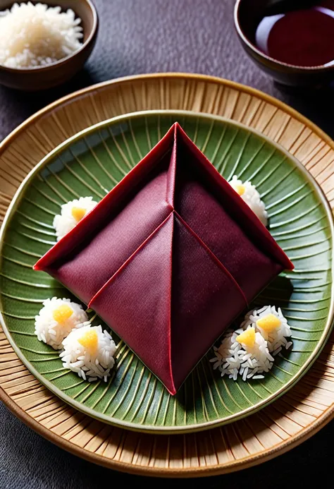 A traditional Kyoto yatsuhashi displayed on a Japanese-style plate. Neatly arranged triangular pieces of sweet red bean paste wrapped in flat rice dough, with realistic colors and textures that evoke the traditional charm of Kyoto. The background features ...