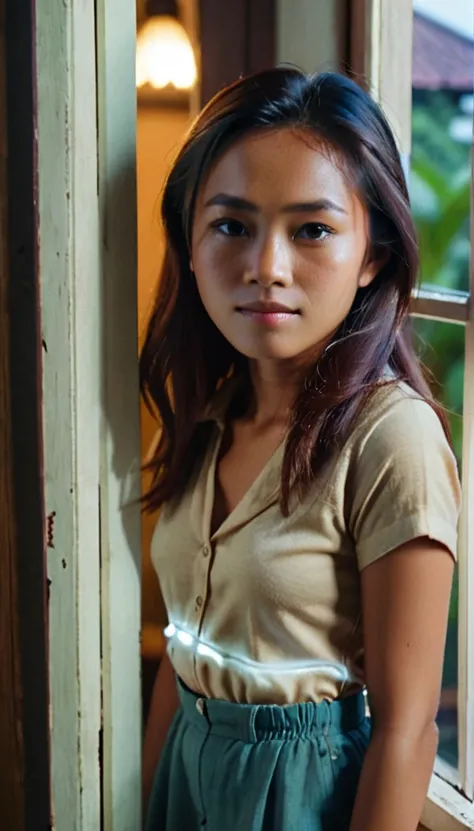 Extreme high angle shot from above of her, Una foto tomada desde (((fuera de la ventana)))a romantic picture of a young Indonesian woman with hair and clothes from the 1970s. The lighting is from the window, natural and soft, illuminating the scene evenly ...