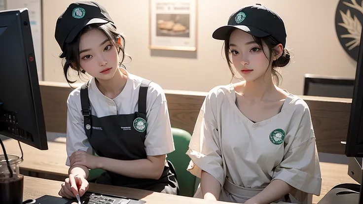 A girl wearing a green apron for Starbucks employees，White shirt，Black pantsuit，Black baseball cap on head，Working at a Starbucks workstation， Rim Light，Upper body， clavicle， face， Idol， Depth of written boundary， Tilt， Reflexive，