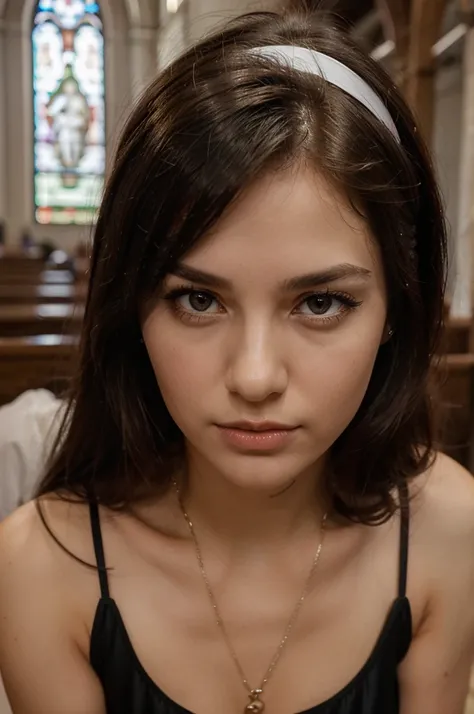 1girl in, 30 years old, Square face, Long hair, Looking at viewer, jewelry, Realistic, Sexy, sexy nun outfit, church background - praying, free pos