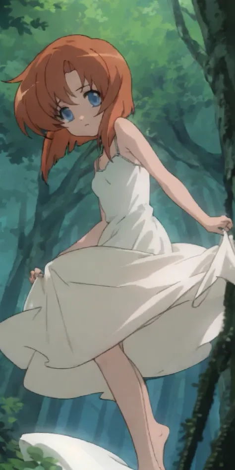 One girl，Beautiful views，(masterpiece、Highest quality)，Short Hair,Orange Hair，White dress，barefoot，camisole，Blue eyes、in the forest、、