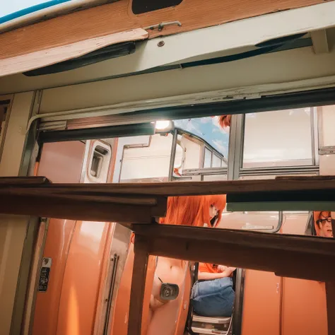 Two cute young school girls standing flirting, redhaired 15 year old girl and 13 year old orange haired girl inside of a japanese train. Wearing bikini or swimsuit. View from below. Posing. Happy. Looking at the camera.