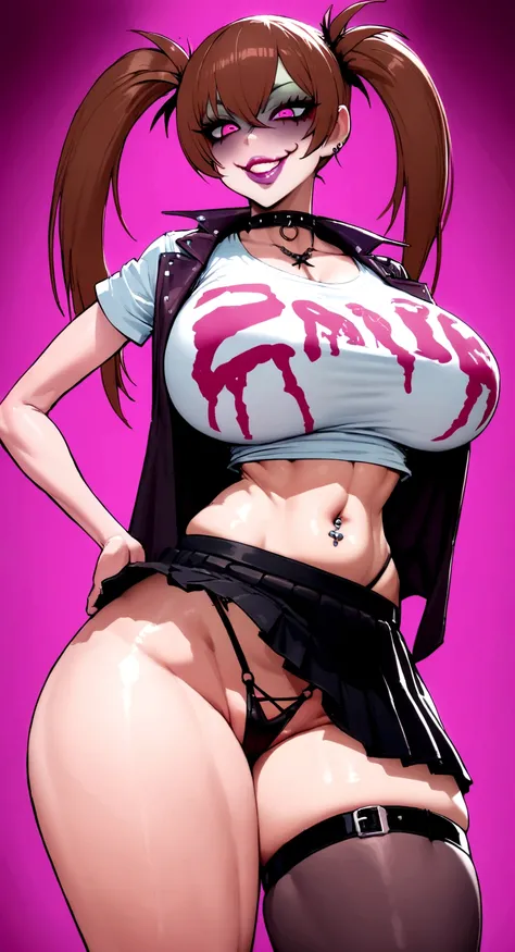 big lips, Brown hair, pink eyes, japanese face, improve, improve grin, two sides up, huge breasts, Wide hips, sexy, detailed, pink room, Hits, (evil smile1.4), kawaii, pleated skirt, punk, GOOD, zombie costume, zombie shirt, zombie choker, zombie skirt, de...