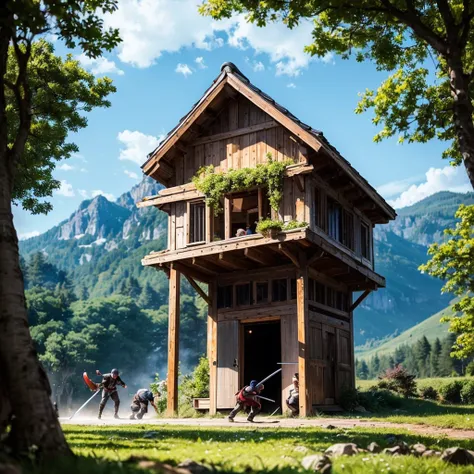 masterpiece, Very detailed, Ultra-realistic, Detailed Background, Bright lighting, lighting,, (A swordsman fighting bandits in a square surrounded by forest), (Mountain hut), (Wide-angle),