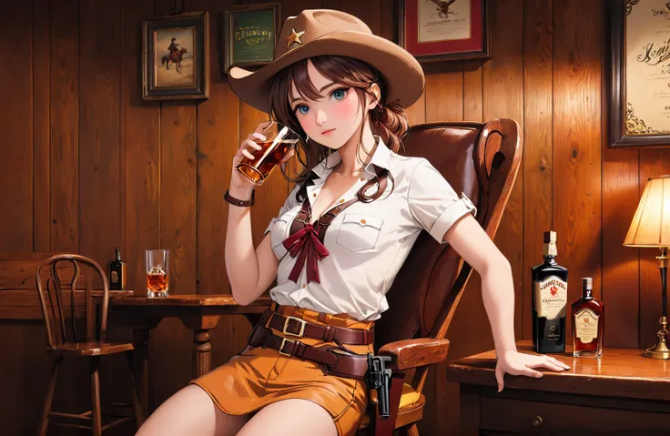 (((1 girl:2.5))),((Gemini.Sunrise:1.0)))(((Wearing a gun belt with a holster:1.8))),,((Wear a wrist watch:1.5))),(((Showing cleavage))),(((Exposed thin inner thighs))),(((Small breasts:1.5))),(((Bare arms))),(((Wearing boots:1.5))),((Blushed face:1.8)), Be...