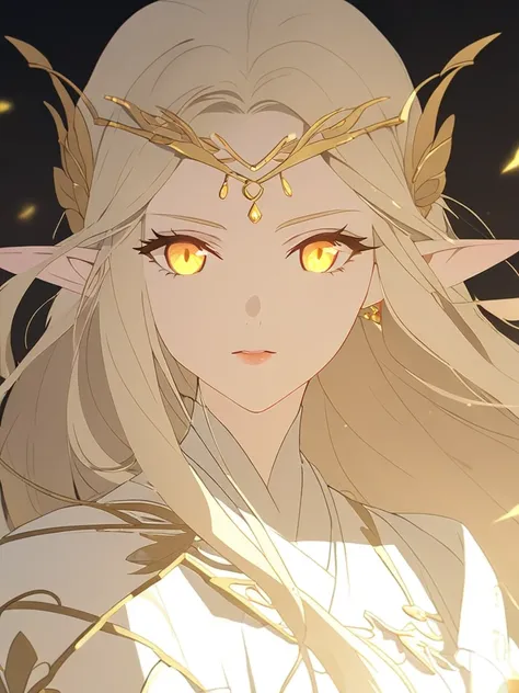 1woman, exquisite, artistic, elven, white princess, glowing yellow eyes, white blonde hair, elegant, arknight costume,