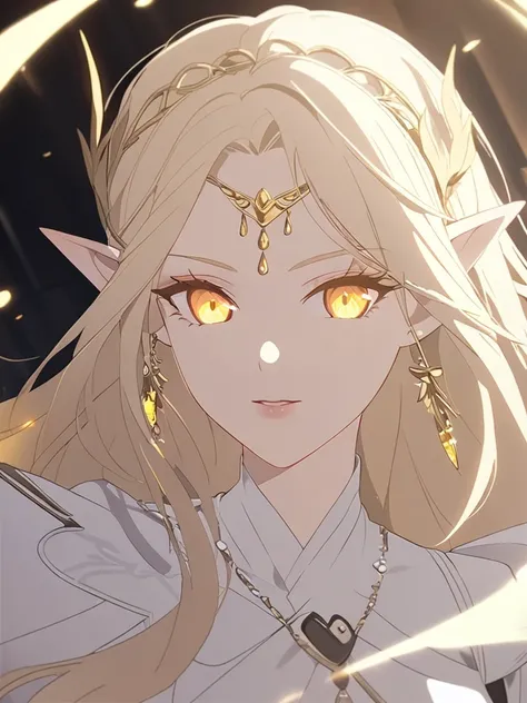 1woman, exquisite, artistic, elven, white princess, glowing yellow eyes, white blonde hair, elegant, arknight costume,