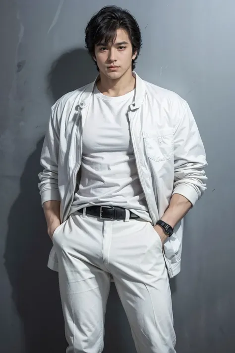 (saeba ryo city hunter )  Wearing white pants with big bulge,hand in pocket,white jacket,black shirts,