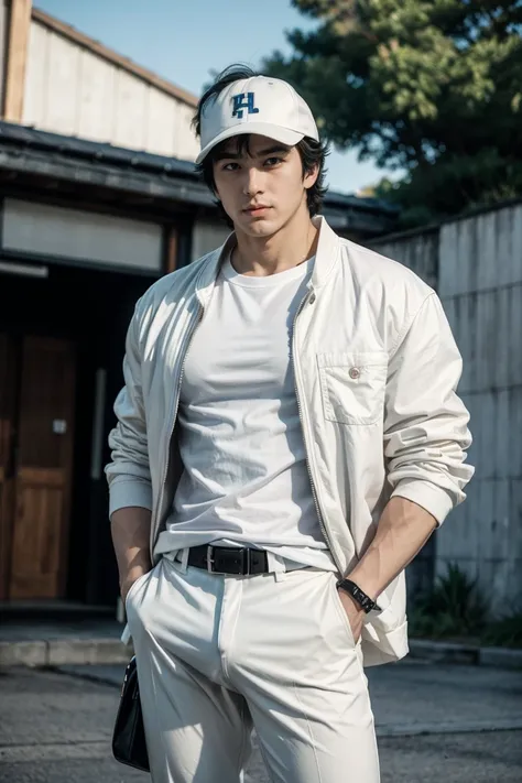 (saeba ryo city hunter )  Wearing white pants with big bulge,hand in pocket,white jacket,black shirts,