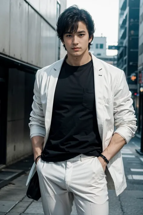 (saeba ryo city hunter )  wearing white pants with big bulge,hand in pocket,white jacket,black shirts,