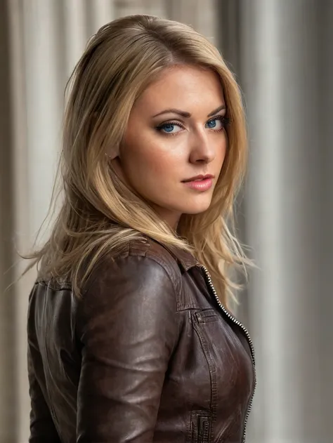 a beautiful picture of s4br1n4, masterpiece, photorealistic, woman, detailed, 4k, HDR, backlighting, light, RAW color photo,(fully in frame:1.1), detailed skin texture, (blush:0.5), (goosebumps:0.5), blonde  wearing a leather jacket,blue eyes 