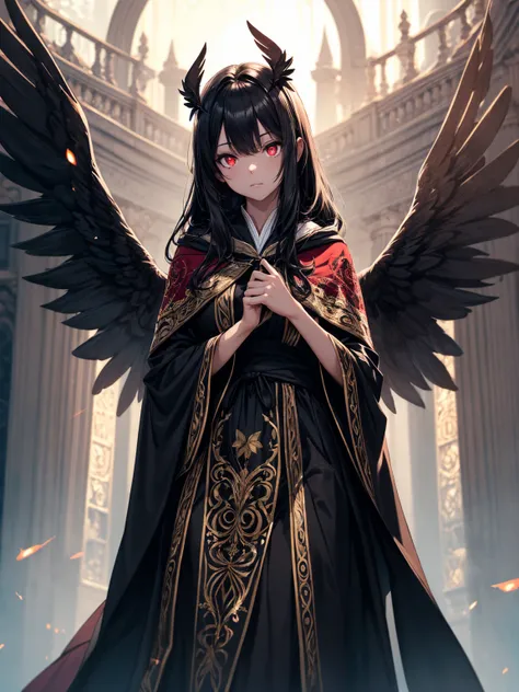 masterpiece, best quality, lineart, anime screencap, sketch, (1girl), black hair, long hair, (red eyes, red glowing eyes:1.4), bright pupils, sparkling eyes, solo, (black ornate robes, black embroidered clothes:1.4), (black wings, black angel wings:1.3), s...