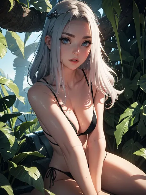 1 girl in a silver sexy exploration bikini, gorgeous woman, beautiful detailed eyes, beautiful detailed lips, extremely detailed eyes and face, long eyelashes, tentacle vines, enormous man eating maw, alien landscape, man-eating plants, 50s sci-fi, cinemat...