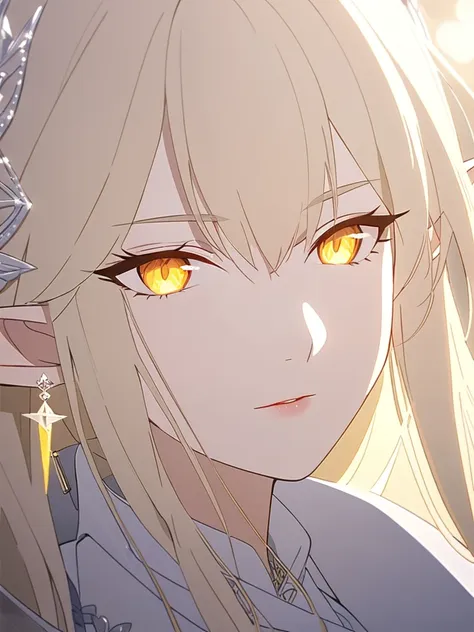 1woman, exquisite, artistic, elven, arknight white princess, glowing yellow eyes, white blonde hair, elegant, arknight outfits,